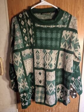 Vintage Green Cotton Roll Neck Sweater L Cottagecore Grandpa Core USA Made